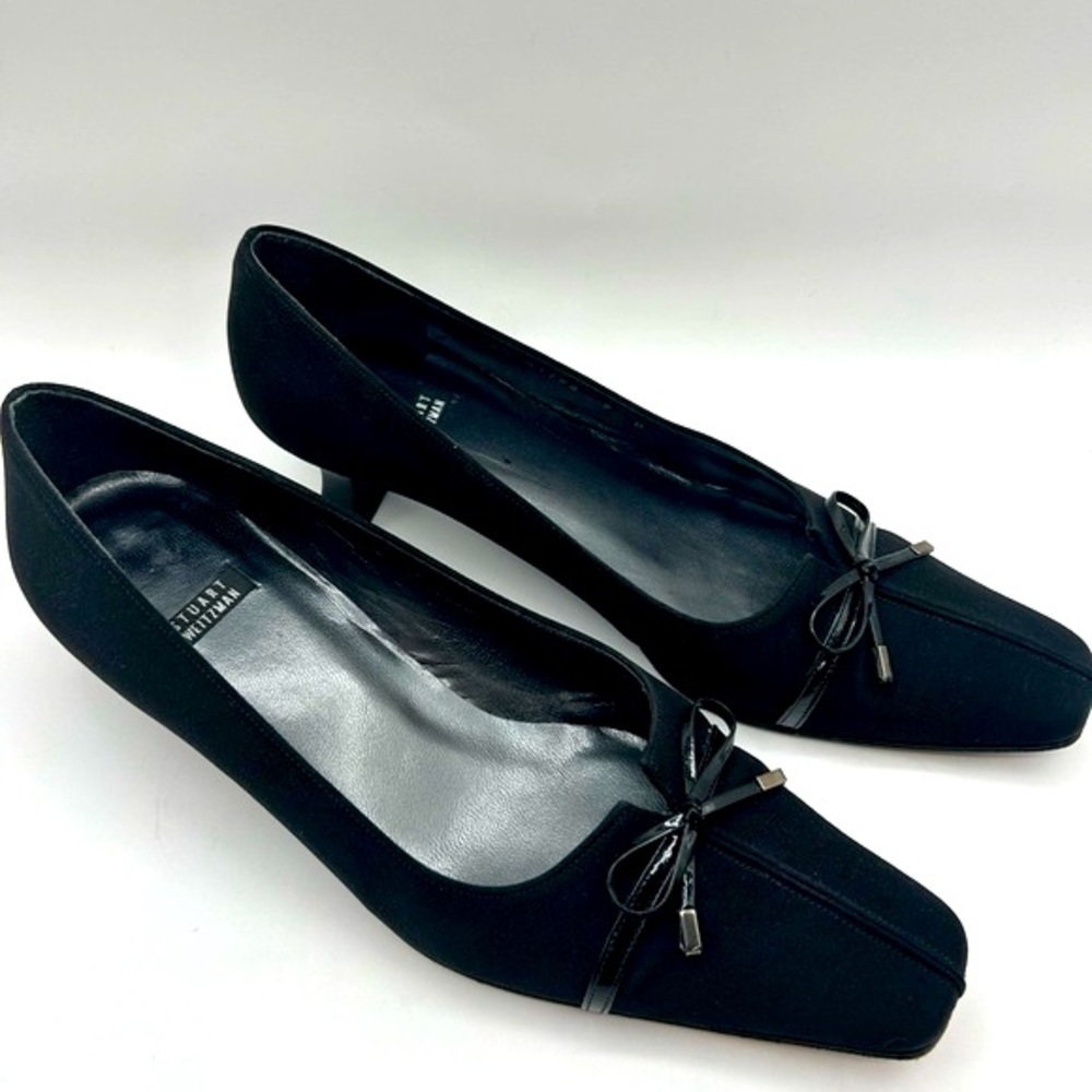 Stuart Weitzman Black Pointed Toe Kitten Heel Slip On Bow Accent Shoe Y2K 90’s 9